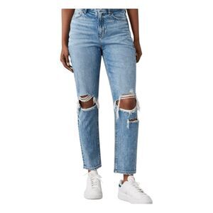American Eagle AE Strigid Ripped Mom Jean Light Blue Wash Denim Distressed 4 Lon